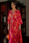 Shop_Paulmi and Harsh_Pink Cotton Silk Printed Floral Flourishing Jaal Kaftan And Pant Set _at_Aza_Fashions