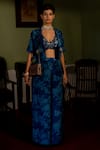 Paulmi and Harsh_Blue Crepe Printed Floral Patterns Blazer Bluebell And Pant Set  _Online_at_Aza_Fashions