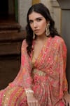 Paulmi and Harsh_Multi Color Georgette Printed Floral Pattern V Neck Cherry Blossom Kaftan _at_Aza_Fashions