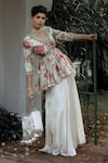 Paulmi and Harsh_Off White Cotton Silk Leave Floral Petal Pattern Peplum And Palazzo Set _at_Aza_Fashions