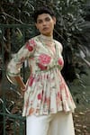 Shop_Paulmi and Harsh_Off White Cotton Silk Leave Floral Petal Pattern Peplum And Palazzo Set _at_Aza_Fashions