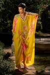 Buy_Paulmi and Harsh_Yellow Crepe Printed Floral Patterns V Neck Refreshing Kaftan  _Online_at_Aza_Fashions