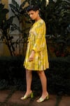 Paulmi and Harsh_Yellow Crepe Printed Floral Patterns Round Garden Of Bloom Dress  _at_Aza_Fashions