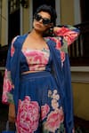 Paulmi And Harsh_Blue Crepe Embroidery Sweetheart Neck, Blooming Floral Print Jacket And Pant Set _Online_at_Aza_Fashions