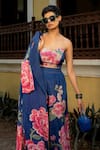 Paulmi And Harsh_Blue Crepe Embroidery Sweetheart Neck, Blooming Floral Print Jacket And Pant Set _at_Aza_Fashions