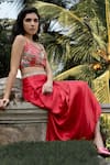 Paulmi and Harsh_Red Printed Floral Pattern Romantic Jacket And Draped Skirt Set  _at_Aza_Fashions