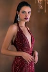Bhawna Rao_Red Italian Tulle Hand Embroidery Beads Plunge V Neck Crystal Gown _Online