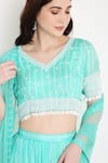 Shop_Bha Sha_Blue Lehenga And Blouse Muslin Printed Bandhani Leaf Neck Vanika Set _Online_at_Aza_Fashions