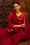Vana Ethnics_Maroon Organza, Georgette, Satin, Viscose Floral, Embellished Top Sharara Set _at_Aza_Fashions