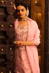 Vana Ethnics_Pink Organza, Georgette, Satin, Viscose Floral, Embellished Top Sharara Set _Online_at_Aza_Fashions