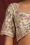 Buy_Weaver Story_Beige Velvet Hand Embroidered Resham V Neck Blouse _Online_at_Aza_Fashions