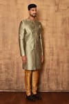 Aryavir Malhotra_Grey Art Silk Embroidered Floral Jaal Woven Straight Sherwani Set _Online_at_Aza_Fashions