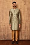 Buy_Aryavir Malhotra_Grey Art Silk Embroidered Floral Jaal Woven Straight Sherwani Set _Online_at_Aza_Fashions