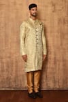 Aryavir Malhotra_Beige Sherwani Silk Satin Floral Pattern Set _Online_at_Aza_Fashions