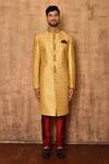 Buy_Aryavir Malhotra_Gold Art Silk Floral Embroidered Sherwani Set_Online_at_Aza_Fashions