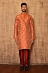 Buy_Arihant Rai Sinha_Orange Art Silk Floral Pattern Mandarin Collar Kurta Set_Online_at_Aza_Fashions