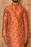 Shop_Arihant Rai Sinha_Orange Art Silk Floral Pattern Mandarin Collar Kurta Set_Online_at_Aza_Fashions
