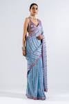 Vvani By Vani Vats_Blue Satin, Georgette Mirrors, Linear Pattern Pre-draped Saree With Blouse _Online_at_Aza_Fashions