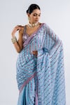 Shop_Vvani By Vani Vats_Blue Satin, Georgette Mirrors, Linear Pattern Pre-draped Saree With Blouse _Online_at_Aza_Fashions