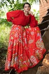 Vana Ethnics_Red Linen And Viscose Tropical Print, Sequin & Bugle Floral Shirt & Lehenga Set _Online_at_Aza_Fashions