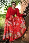 Shop_Vana Ethnics_Red Linen And Viscose Tropical Print, Sequin & Bugle Floral Shirt & Lehenga Set _Online_at_Aza_Fashions