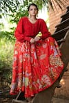 Vana Ethnics_Red Linen And Viscose Tropical Print, Sequin & Bugle Floral Shirt & Lehenga Set _at_Aza_Fashions
