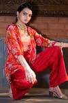 Vana Ethnics_Red Viscose And Embroidery Tropical Leaf Neck Shirt & Palazzo Set _Online_at_Aza_Fashions