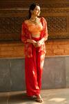 Buy_Vana Ethnics_Red Viscose And Embroidery Tropical Leaf Neck Shirt & Palazzo Set _Online_at_Aza_Fashions