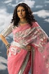 SAKSHAM & NEHARICKA_Pink Organza Hand Embroidered Patch Laalsa Floral Jaal Saree _Online_at_Aza_Fashions