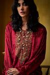 Label Varsha_Red Velvet, Viscose, Pashmina Embroidery, Tassels Resham Work Kurta Set_Online_at_Aza_Fashions