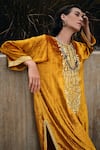 Label Varsha_Yellow Velvet Embroidery Round Neck Floral Scatter Phiran Pant Set_Online_at_Aza_Fashions