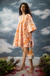 Buy_SAKSHAM & NEHARICKA_Orange Dupion Printed Floral Round Neck Abhilasha Kimono Dress _Online_at_Aza_Fashions