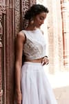 Tisha Saksena_Ivory Crop Top - Handloom Matka Silk Embroidery Floral And Geometric & Skirt Set _Online_at_Aza_Fashions