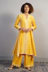Buy_Samant Chauhan_Yellow Cotton Silk Embroidered Aari V Neck Kurta Set_Online_at_Aza_Fashions