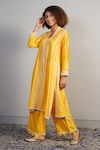 Shop_Samant Chauhan_Yellow Cotton Silk Embroidered Aari V Neck Kurta Set_Online_at_Aza_Fashions