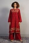 Buy_Samant Chauhan_Maroon Cotton Silk Embroidered Aari Round Floral Kurta Set_Online_at_Aza_Fashions