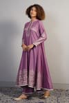 Samant Chauhan_Purple Cotton Silk Embroidered Floral Round Anarkali And Pant Set_Online_at_Aza_Fashions