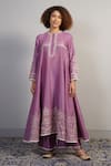 Buy_Samant Chauhan_Purple Cotton Silk Embroidered Floral Round Anarkali And Pant Set_at_Aza_Fashions