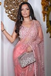 Sanchi Juneja_Grey Georgian Net Embroidered Pearl V Neck Saree Set  _Online_at_Aza_Fashions