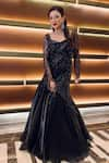 Buy_Roqa_Black Net With Satin Organza Hand Embroidered Floral Sheer Sleeved Mermaid Gown _Online_at_Aza_Fashions