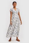 Buy_Reistor_White Poplin Printed Floral V Neck Wraparound Midi Dress  _Online_at_Aza_Fashions