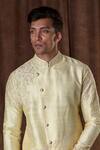 More Mischief_Yellow Silk, Cotton Embroidery Floral Sherwani Set_Online_at_Aza_Fashions
