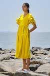 MATI_Yellow 100% Cotton V Neck Ruffle Sleeve Dress _Online_at_Aza_Fashions