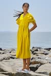 Buy_MATI_Yellow 100% Cotton V Neck Ruffle Sleeve Dress _Online_at_Aza_Fashions