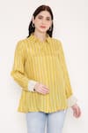 Bha sha_Yellow Muslin Printed Bandhani Collared Neck Zein Shirt _Online_at_Aza_Fashions