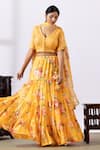 Abbaran_Yellow Chanderi Printed Floral V Neck Tiered Lehenga Set _Online_at_Aza_Fashions