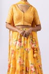 Buy_Abbaran_Yellow Chanderi Printed Floral V Neck Tiered Lehenga Set _Online_at_Aza_Fashions