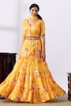 Buy_Abbaran_Yellow Chanderi Printed Floral V Neck Tiered Lehenga Set _at_Aza_Fashions