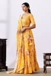 Abbaran_Yellow Chanderi Printed Floral V Neck Tiered Lehenga Set _at_Aza_Fashions