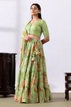 Buy_Abbaran_Green Chanderi Printed Floral V Neck Tiered Lehenga Set _Online_at_Aza_Fashions